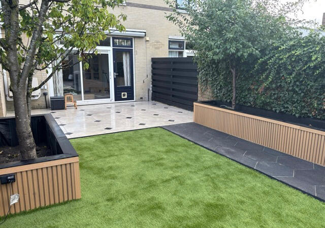 Tiles, Grass and Flowerbeds