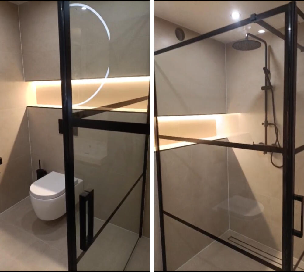 Toilet, shower cabin, tiles.